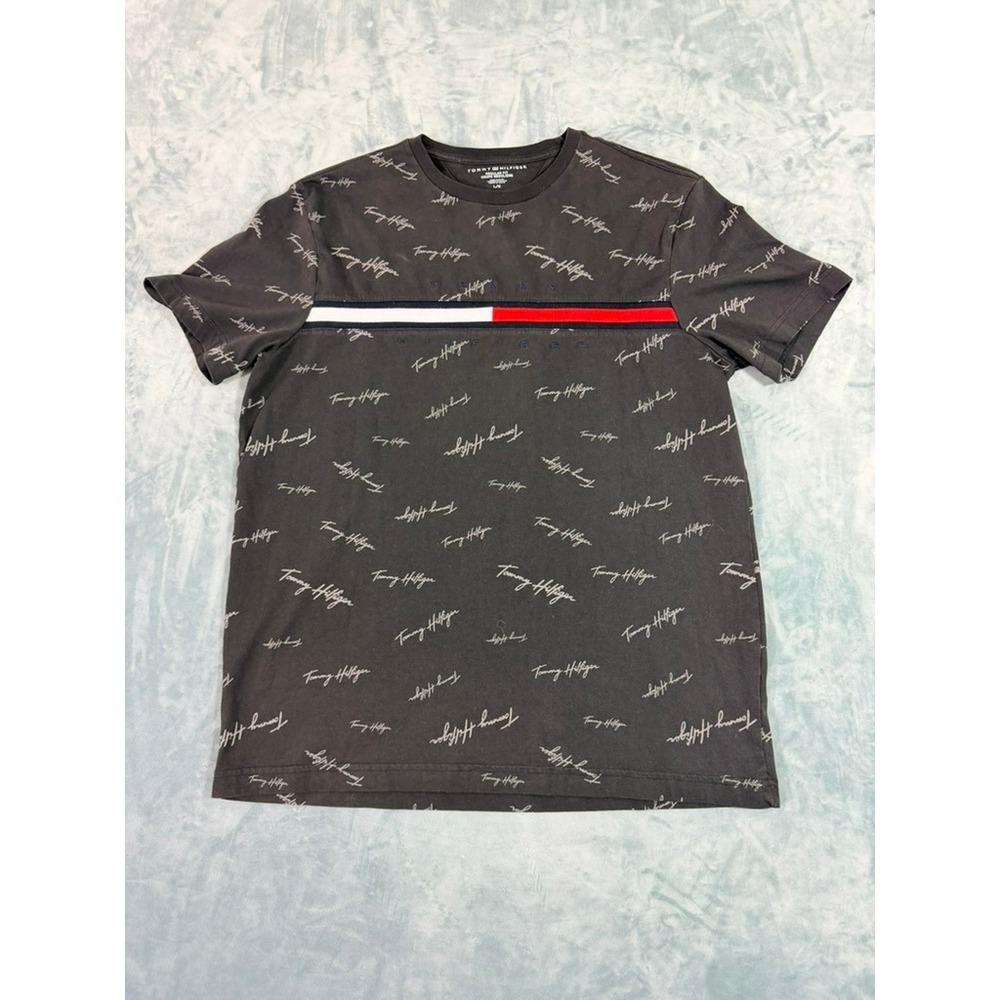 Tommy Hilfiger Mens Script Logo All Over Print T-Shirt Black Large Regular Fit
